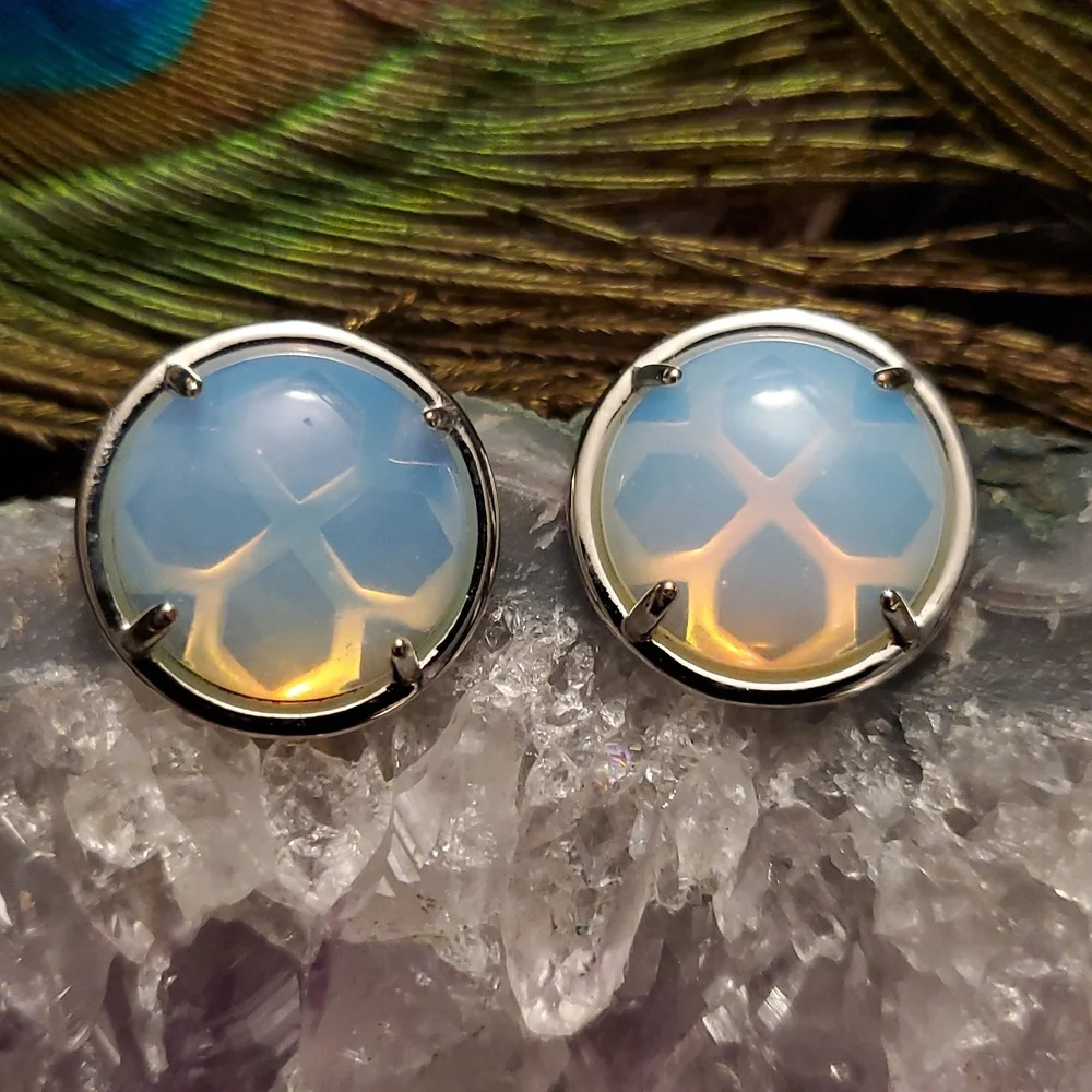 MOONSTONE Cabochons In Prong Setting Silver Stud Pierced Earrings